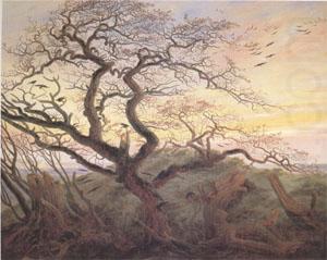 Tree with Crows Tumulus(or Huhnengrab) beside the Baltic Sea with Rugen Island in the Distance (mk05), Caspar David Friedrich